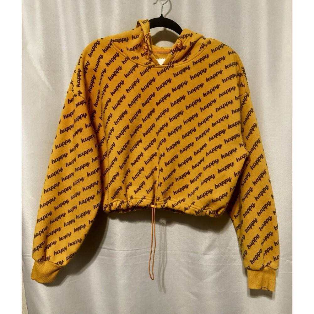 Wild Rose Women's Yellow Happy Print Pullover Hoodie Fleece Drawstring Size L